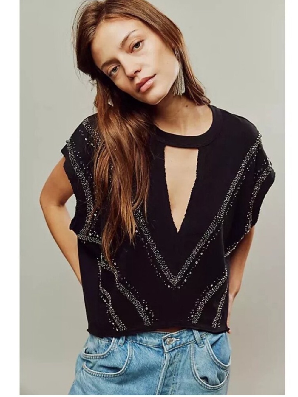 Free People Stardust Cotton Embellish Sparkle Black Oversized Muscle Top, Medium